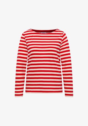 Chemise à manches longues avec des rayures horizontales rouges et blanches, un col large et en matériau coton doux. Design minimaliste sans détails supplémentaires.