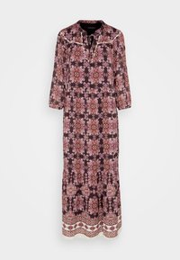 Robe maxi en violet foncé avec des motifs floraux complexes en rose et crème. Présente un décolleté en V, des manches trois-quarts et une bordure en dentelle.