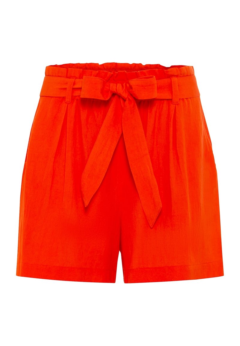 Shorts rossi in lino con vita alta, cintura a corda e vestibilità comoda. Dotati di dettagli cuciti e una texture liscia.