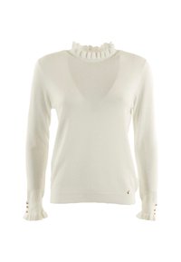 Pullover crema con maniche lunghe, collo alto arricciato, motivo a pois testurizzati e dettagli con bottoni dorati sui polsini. Tessuto in maglia morbida.