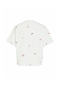 Chemise blanche à manches courtes, coupe ample, avec un motif dispersé de petites impressions florales roses.