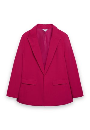 Damska marynarka w kolorze fuksji z klapami z wcięciem, dwoma kieszeniami z patką, długimi rękawami oraz gładkim, dopasowanym podszewką wewnętrzną.