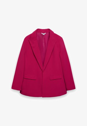 Damska marynarka w kolorze fuksji z klapami z wcięciem, dwoma kieszeniami z patką, długimi rękawami oraz gładkim, dopasowanym podszewką wewnętrzną.