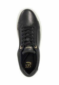 Black leather sneaker with a structured design, white rubber sole, round toe, and gold-tone eyelets. Features laces and brand logo on the tongue.