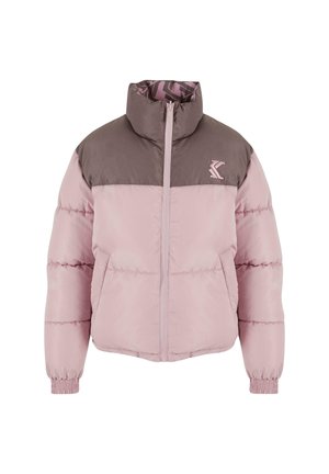 Doudoune en rose clair et gris. Comprend une fermeture éclair, un col haut et des poignets élastiques. Tissu lisse avec des détails cousus.