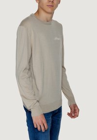 Maglione beige a collo rotondo realizzato in tessuto morbido con maniche lunghe, polsini a costine e un piccolo logo bianco sul petto. Indossato con jeans blu.