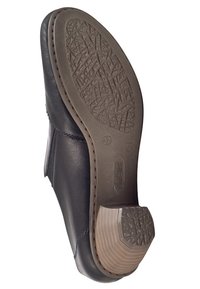 Sole di scarpa in pelle nera con fondo in gomma marrone testurizzata, caratterizzata da un motivo di battistrada robusto e un piccolo tacco, misura 37.