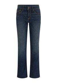 Dark blue denim jeans with a straight leg design, featuring contrasting gold stitching and a button closure at the waist.
