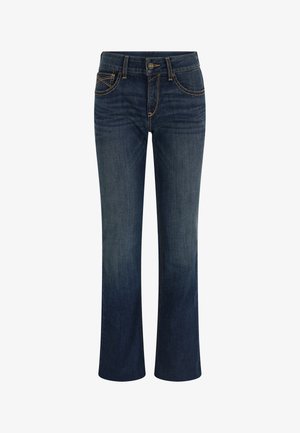 Dunkelblaue Denim-Jeans mit geradem Bein-Design, ausgestattet mit kontrastierenden goldenen Nähten und einem Knopfverschluss an der Taille.