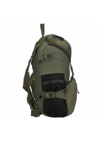Grüner Nylon-Rucksack mit runder Form, Netzakzenten, verstellbaren Trägern und einer schwarzen Tasche an der Seite. Verfügt über Schnellverschluss-Schnallen.