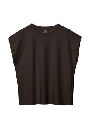 Czarny, bezrękawnik z okrągłym dekoltem, szerokimi otworami na ramiona, prostym dołem i małą metką na karku z napisem "B6".