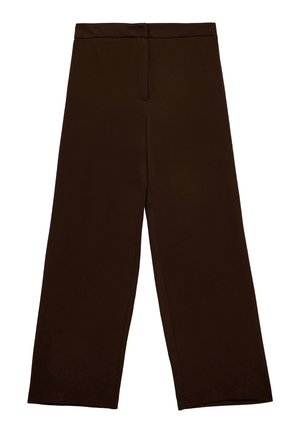 Ruskeat leveälahkeiset housut, joissa on korkea vyötärö ja edessä piilotettu vetoketjusulku, esitettynä tasaisesti valkoisella taustalla.