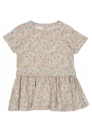 Baby kjole med korte ærmer med pastel blomstertryk på lyseblåt stof og detaljer med rynket nederdel.