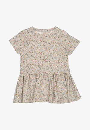 Robe bébé à manches courtes avec imprimé floral pastel sur tissu bleu clair et détail de jupe froncée.