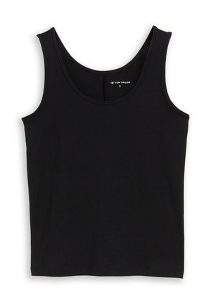 Schwarzes ärmelloses Tanktop mit rundem Ausschnitt, Größe klein, mit "Tom Tailor" Etikett im Kragen auf weißem Hintergrund.