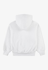 Felpa bianca con cappuccio rotondo, maniche lunghe e polsini elasticizzati. Presenta una vestibilità comoda e un tessuto morbido e testurizzato. Mostrato in vista posteriore.