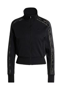 Veste de survêtement noire zippée avec col montant, poignets et ourlet côtelés, et fines bandes à motifs le long des manches et des épaules.