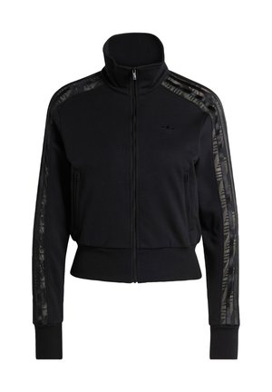 Black zip-up track jacket with high collar, ribbed cuffs and hem, and subtle patterned stripes along sleeves and shoulders.