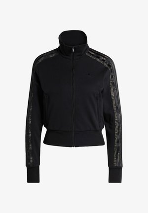 Black zip-up track jacket with high collar, ribbed cuffs and hem, and subtle patterned stripes along sleeves and shoulders.