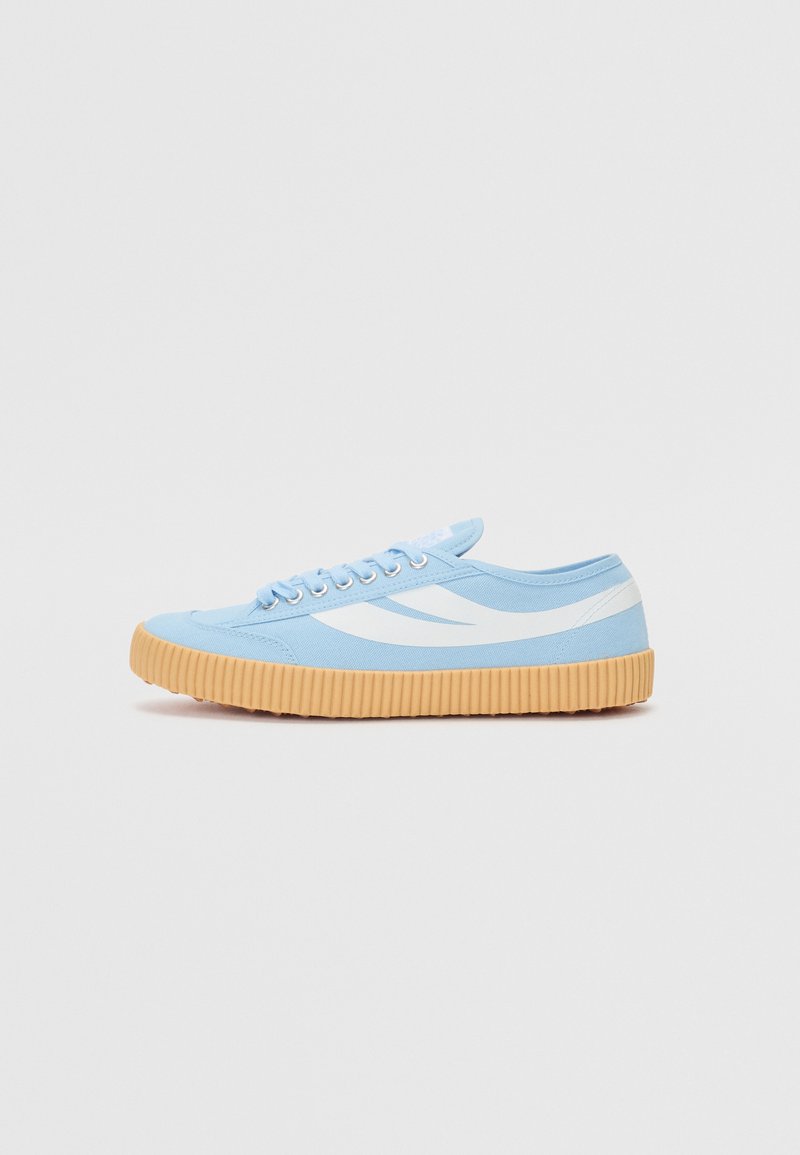 Light blue canvas sneaker with white side stripes and gum-colored ridged sole, shown in right profile on white background.