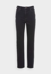 Jeans de ganga pretos com cintura alta, design de cinco bolsos, pernas retas e detalhes de costura subtil. Apresenta fecho com botão e zip.