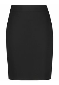 Schwarzer Bleistiftrock aus einem glatten, dehnbaren Stoff; hat ein enganliegendes Design mit zwei seitlichen Taschen und einem verdeckten Taillenbund.