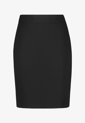 Black pencil skirt made from a smooth, stretchy fabric; features a fitted design with two side pockets and a concealed waistband.