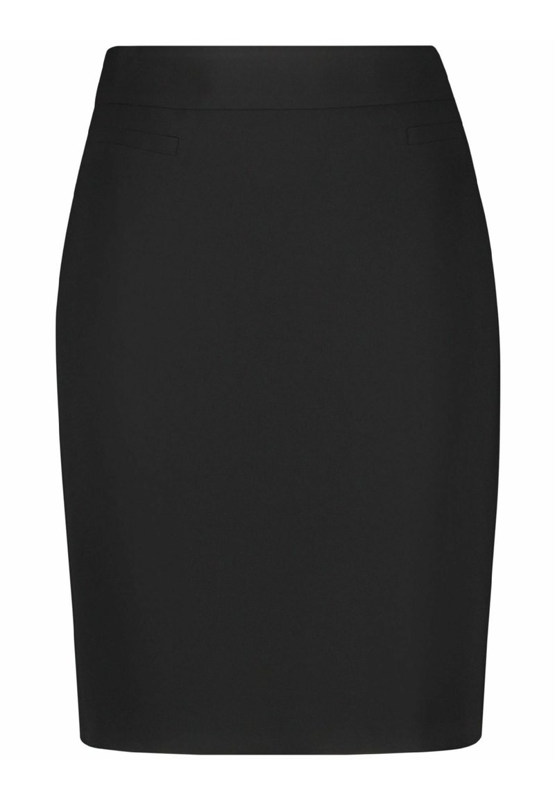 Schwarzer Bleistiftrock aus einem glatten, dehnbaren Stoff; hat ein enganliegendes Design mit zwei seitlichen Taschen und einem verdeckten Taillenbund.