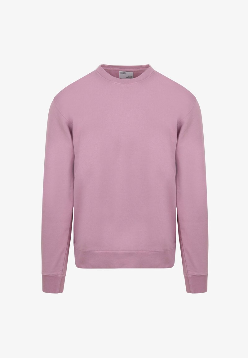Light pink sweatshirt made from soft fabric. Crew neckline, long sleeves, ribbed cuffs and hem, with a plain design and no visible patterns.