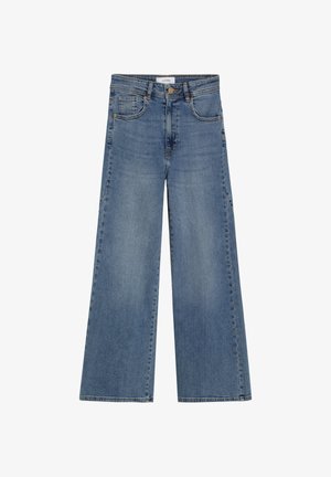 Pantalones vaqueros azules de pierna ancha con bolsillos delanteros, trabillas para cinturón y cierre de botón en la pretina.