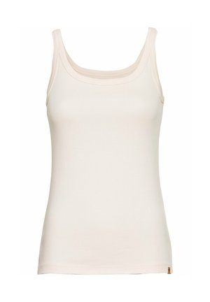 Light beige tank top made of soft, stretchy fabric. Features a scoop neckline, thin shoulder straps, and a straight cut with minimal seams.