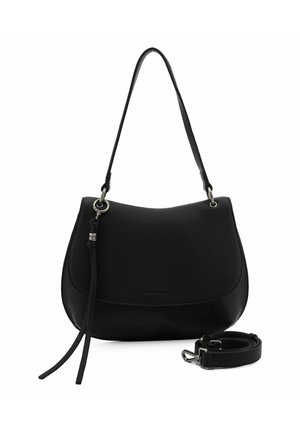 Borsa nera in pelle con una forma curva, dotata di una lunga tracolla e due manici più corti e texturizzati nella parte frontale.