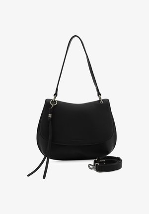 Borsa nera in pelle con una forma curva, dotata di una lunga tracolla e due manici più corti e texturizzati nella parte frontale.