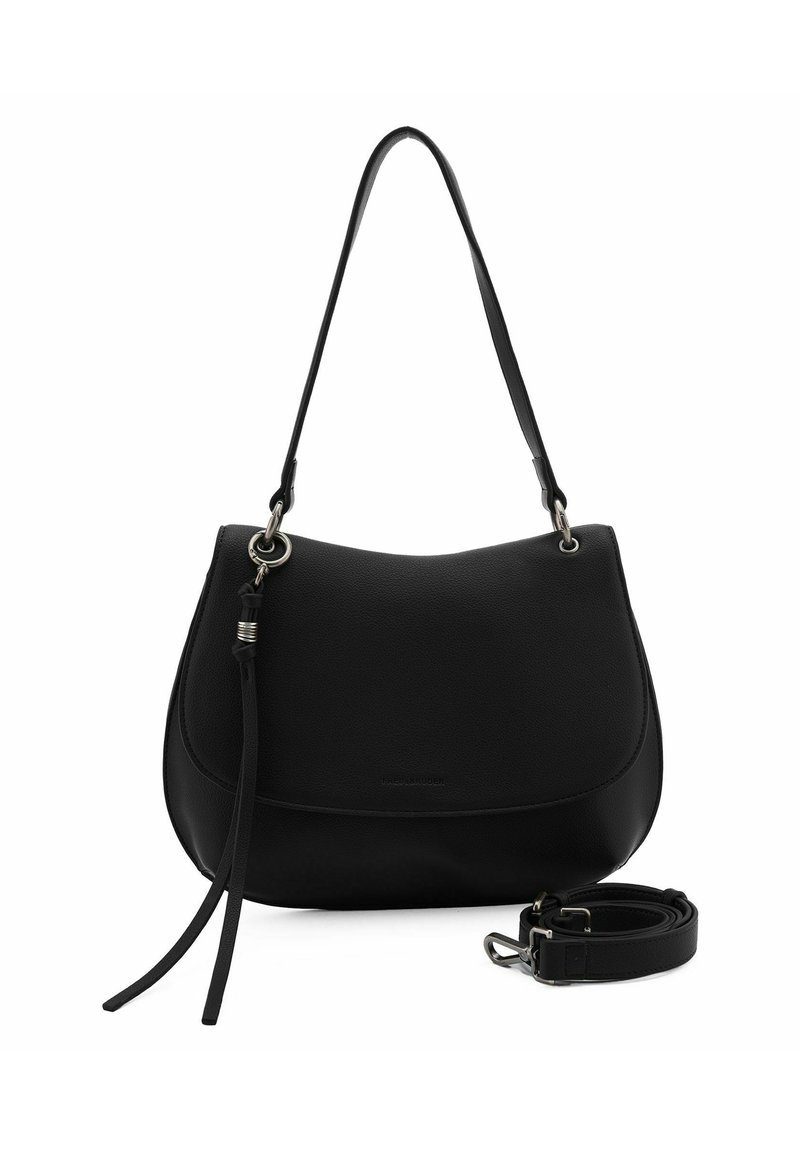 Borsa nera in pelle con una forma curva, dotata di una lunga tracolla e due manici più corti e texturizzati nella parte frontale.