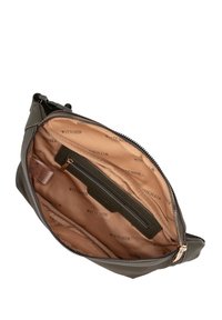 Borsa in pelle verde oliva con apertura a zip, interno beige chiaro con tasca zippata e motivo ripetuto del logo "WITTCHEN".
