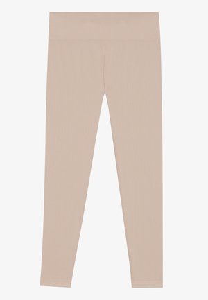 Bežid retuusid laia vöödiga, vertikaalse ribakujundusega ja keha külge sulguva disainiga. Ilma taskute või lisakaunistusteta.