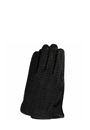 Guante de cuero negro con agujeros perforados que cubren toda la superficie, diseñado para la transpirabilidad y protección de las manos.