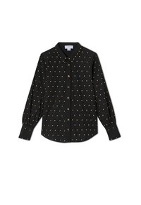 Μαύρο πουκάμισο με μακριά μανίκια, κουμπιά, χρυσές πουά, μυτερή γιακά και μανσέτες με κουμπιά.