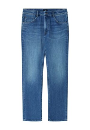 Blauwe denim jeans met rechte pijpen, voorzakken, riemlussen en een knoopsluiting.