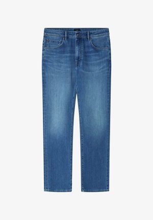 Blauwe denim jeans met rechte pijpen, voorzakken, riemlussen en een knoopsluiting.