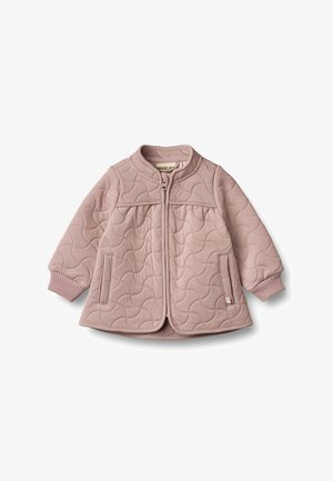 Giacca imbottita per bambini in color lilla chiaro con cerniera frontale completa, polsini a coste, due tasche frontali e colletto rotondo.