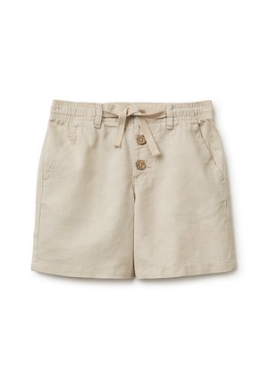 Pantaloncini in cotone beige con vita elasticizzata, coulisse, due bottoni in legno sul davanti e tasche laterali, distesi su sfondo bianco.