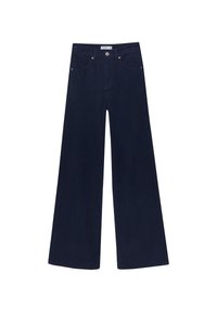 Pantalons larges en velours côtelé bleu marine avec taille haute, dotés d'une fermeture à bouton à l'avant et de quatre poches. Tissu texturé avec un design côtelé.