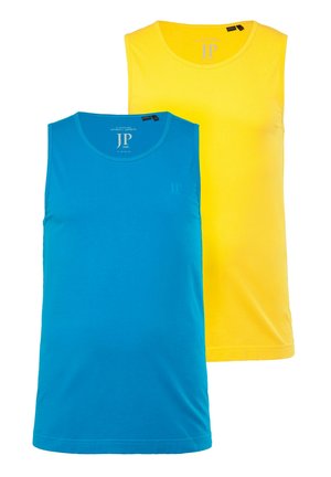 Deux débardeurs sans manches en jersey. L'un est bleu vif et l'autre est jaune vif. Tous deux présentent une encolure ras du cou et une texture douce.