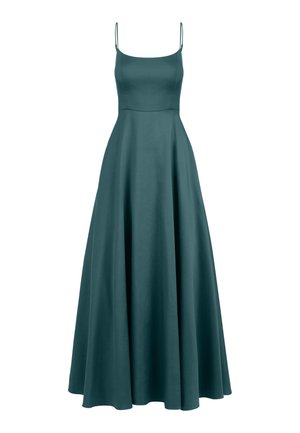 Zielona, bezrękawnikowa sukienka maxi, uszyta z gładkiego materiału. Dopasowana góra i rozkloszowany dół, z cienkimi ramiączkami i długością do podłogi.
