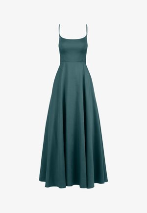 Teal mouwloze maxi-jurk gemaakt van gladde stof. Getailleerde bustier en uitlopende rok, met dunne bandjes en een vloerlange uitstraling.