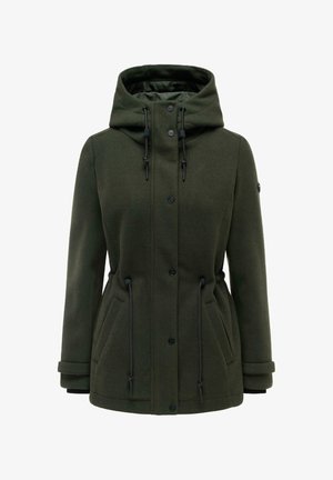 Sötétzöld, kapucnis dzseki elülső patentokkal, állítható derékzsinórokkal, mandzsettagombokkal és két elülső zsebbel.