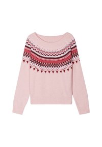 Różowy sweter z dzianiny o szerokim dekolcie. Posiada wzorzysty karczek w ciemnoczerwonym, białym i szarym w geometrycznym wzorze. Długie rękawy.