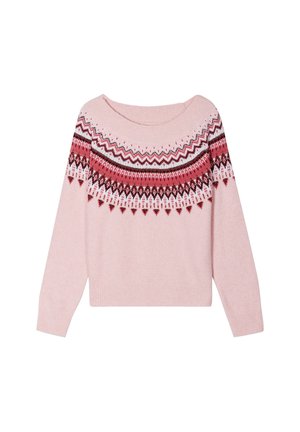 Suéter de punto rosa con un escote amplio. Presenta un canesú estampado en rojo oscuro, blanco y gris en un diseño geométrico. Mangas largas.