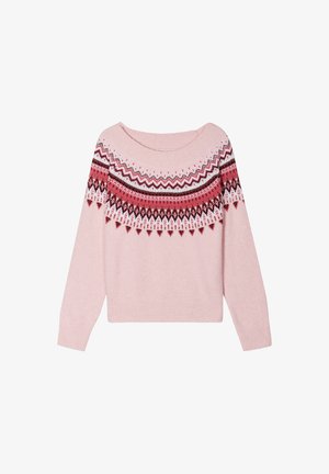Maglione rosa lavorato a maglia con scollatura ampia. Presenta un motivo a yoke in rosso scuro, bianco e grigio in un design geometrico. Maniche lunghe.